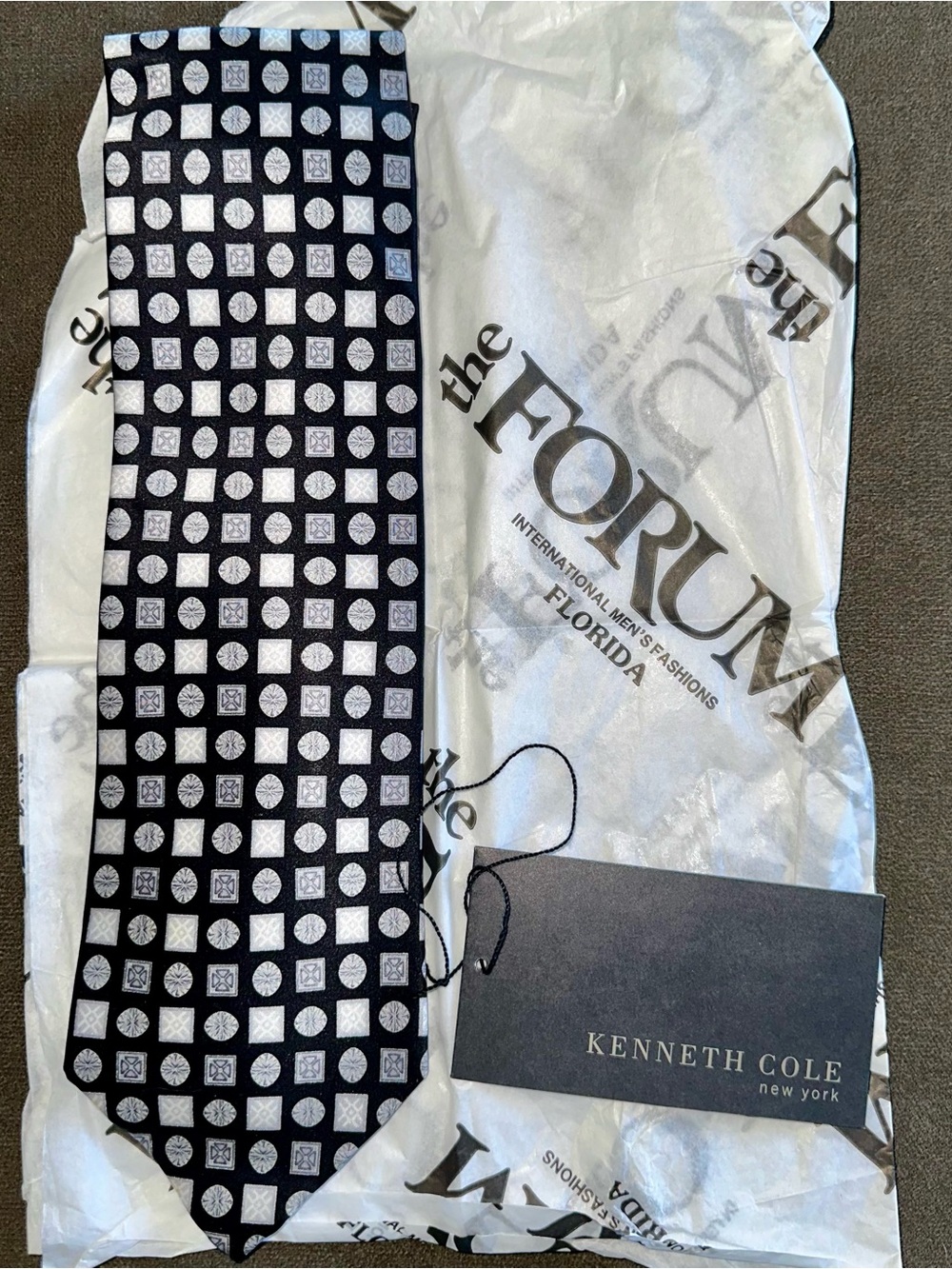 Kenneth Cole Black Tie with White Geometric Medallions